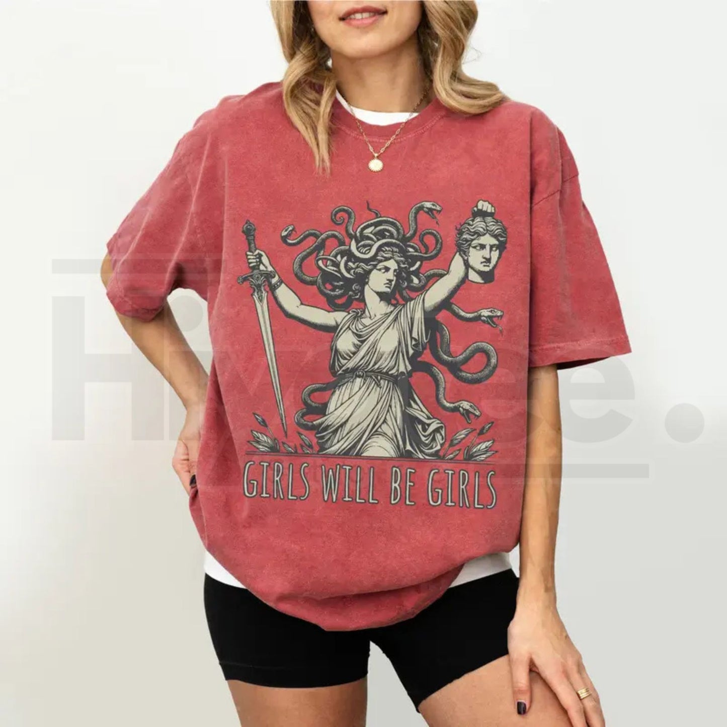 Comfort Colors® Girls Will Be Girls Shirt – Medusa With The Head of Perseus Girl Power Tee, Mythological Feminist Graphic Shirt