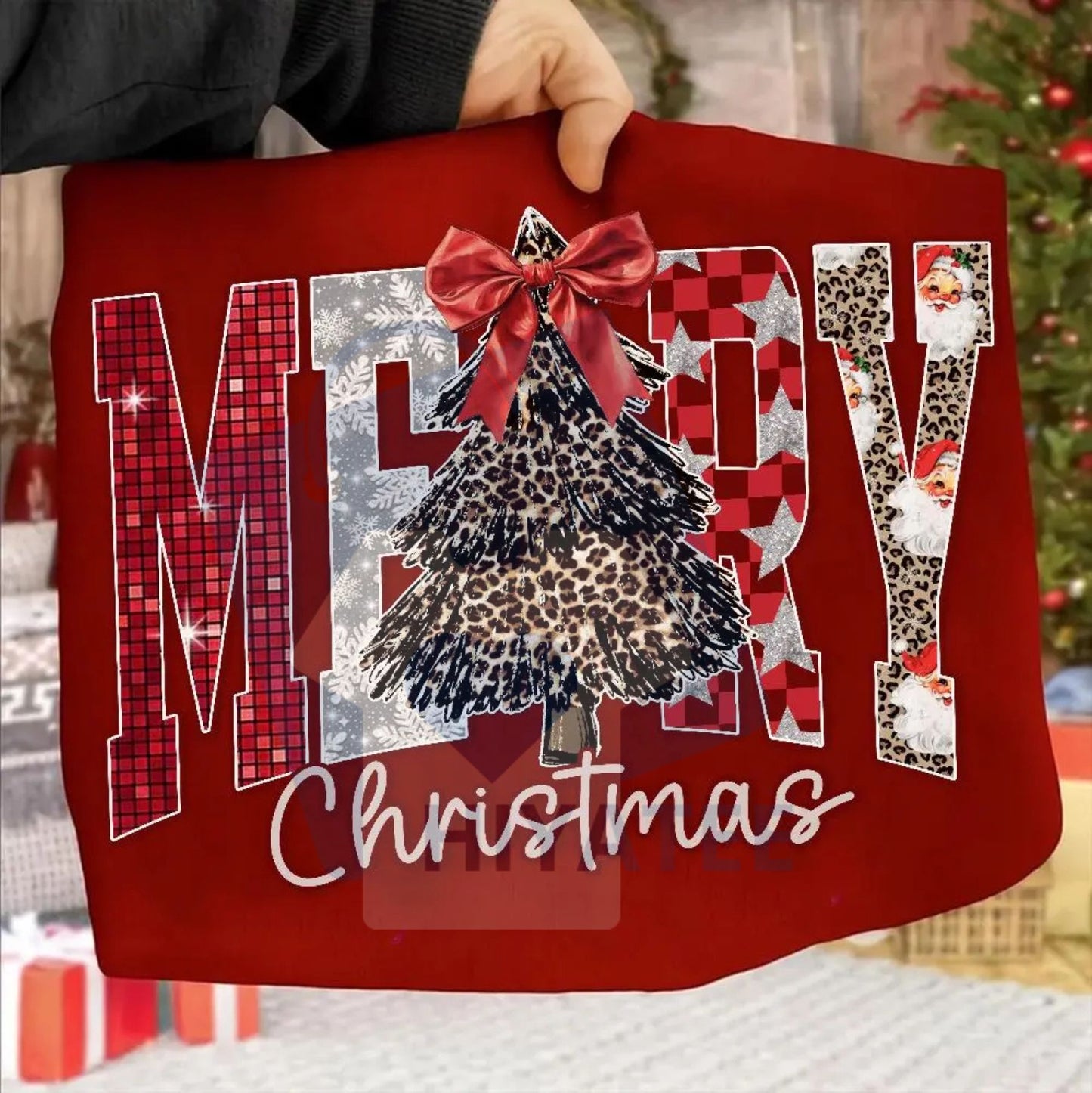 Coquette Merry Christmas Shirt: Checkered Star Leopard Letters