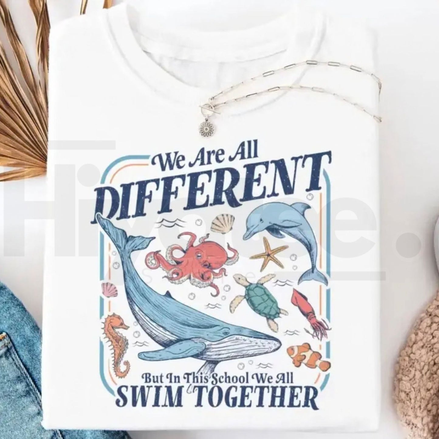 Comfort Colors® We Are All Different But Swim Together Teacher T-Shirt – Inclusive Ocean Animals Graphic Tee, Back To School Educator Gift