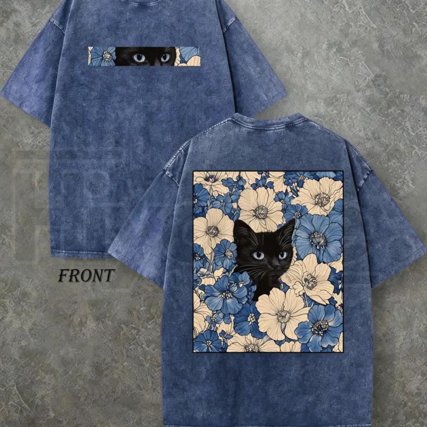 "Cat in the Flowers" Double-Sided T-Shirt – Vintage Washed 230gsm Heavyweight Streetwear
