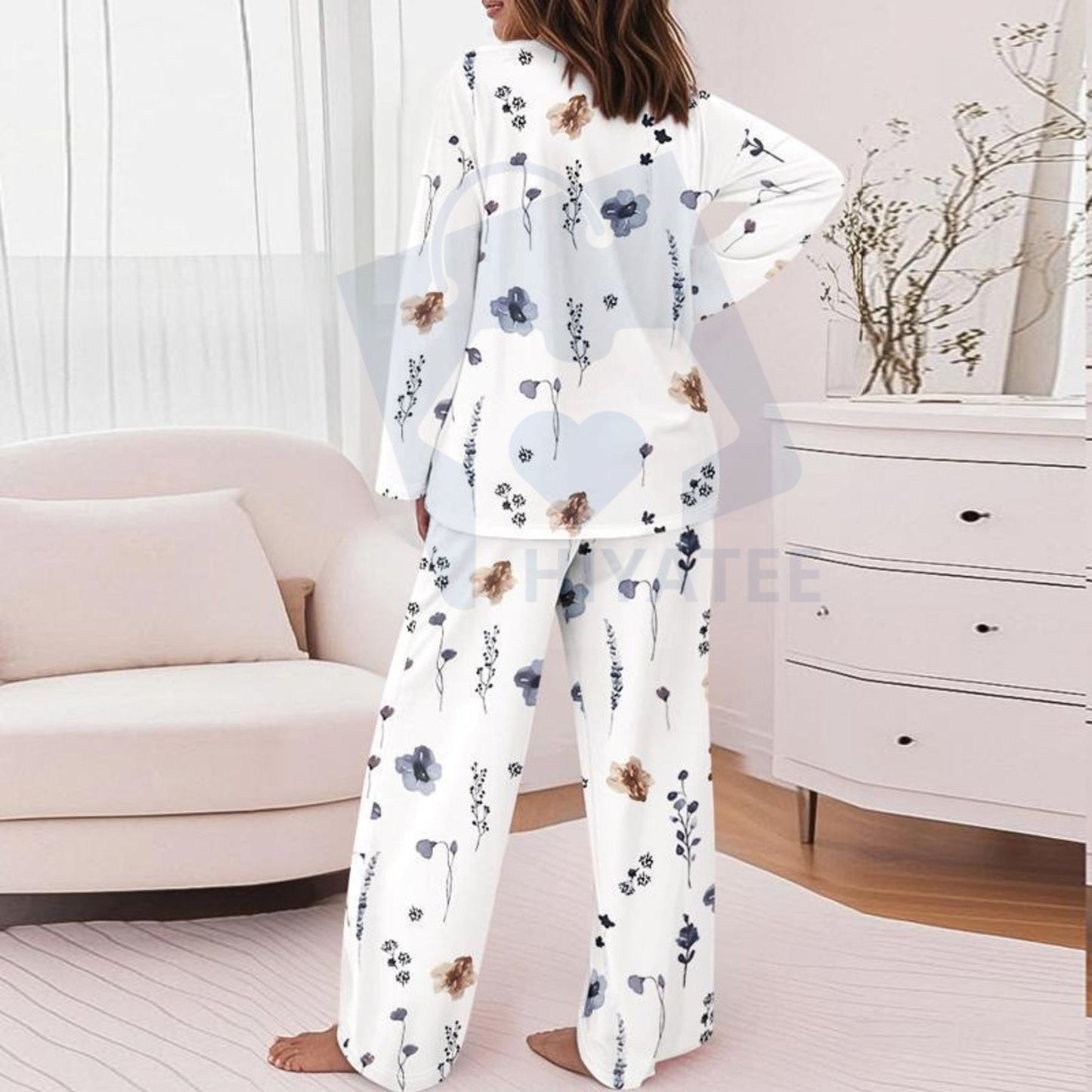 ChicMe Floral Print Satin-Feel Pajama Set with Pockets – Round Neck Long Sleeve Top & Casual Pants