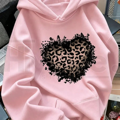 Women's Vintage Distressed Leopard Print Heart Pullover Hoodie