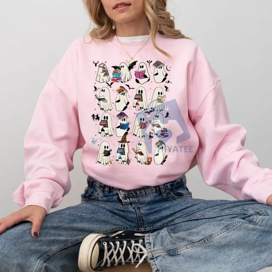 Retro Ghost Book Fantasy Sweatshirt – Spooky Bookish Ghost Halloween Shirt, Cozy Fourth Wing ACOTAR TOC HP Crescent City Gift for Book Lovers