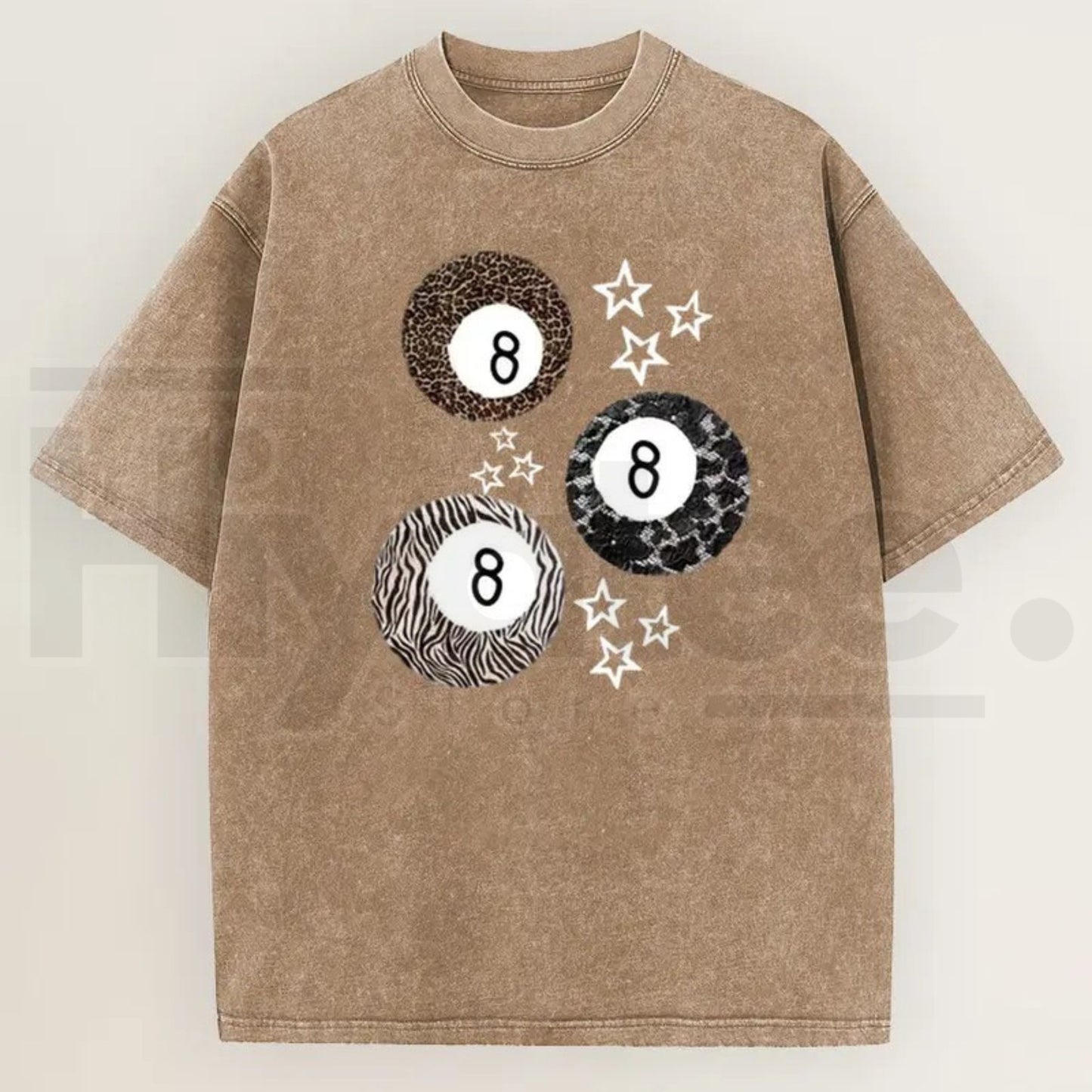 Women's Acid Wash 8 Ball Leopard & Stars Graphic T-Shirt – Retro Streetwear Cotton Tee