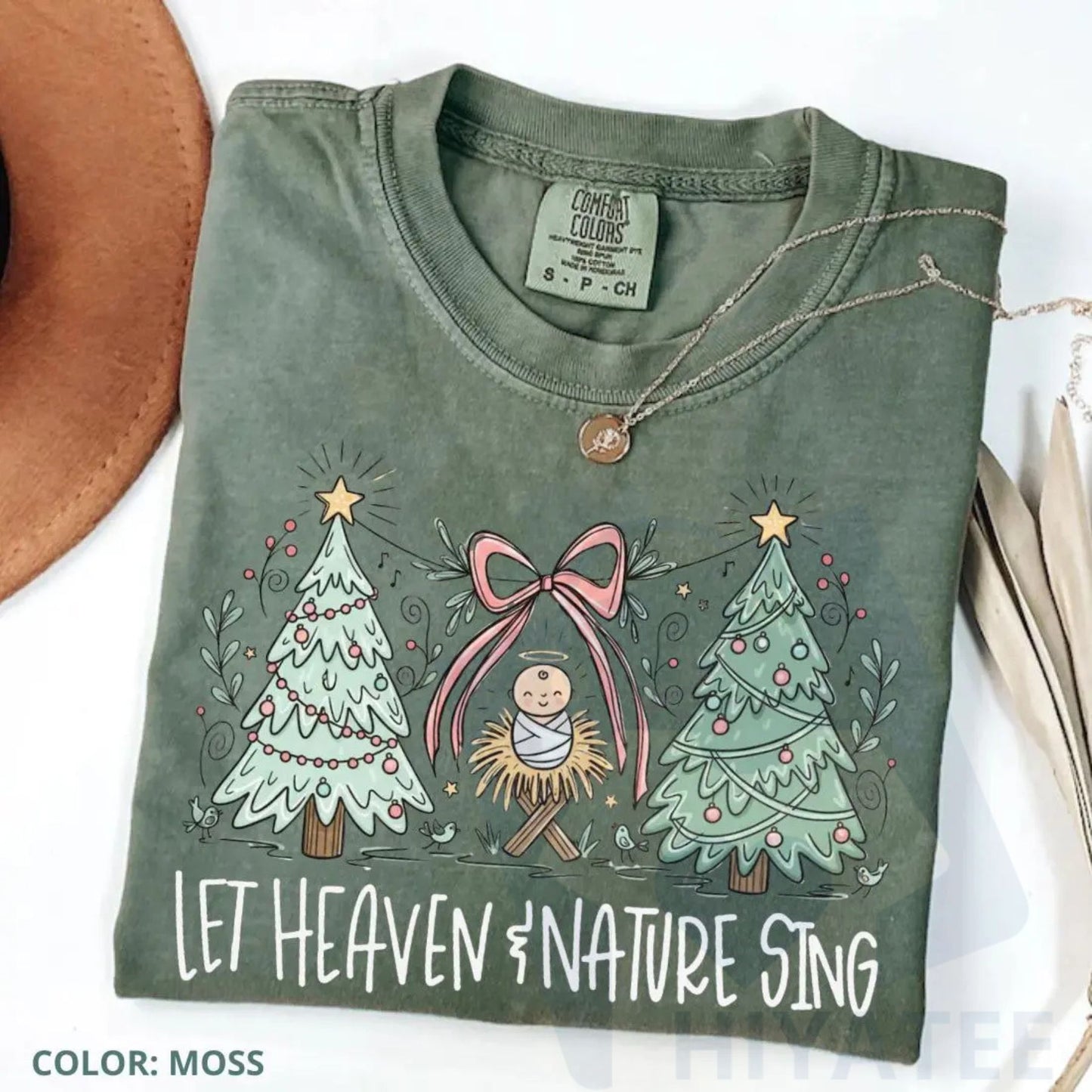 Comfort Colors "Heaven and Nature Sing" T-Shirt – Whimsical Christmas Nativity Bow Trees Tee