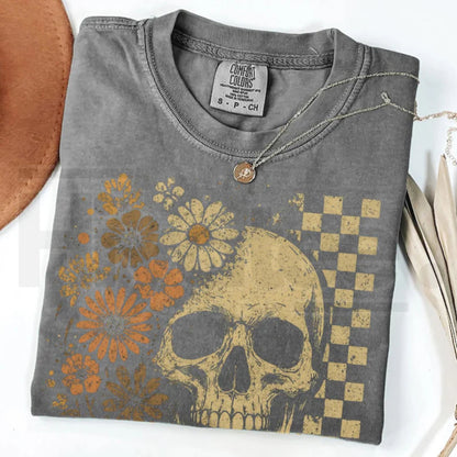 Boho Skull Graphic Tee Vintage Grunge Retro Summerween Spooky Halloween Shirt
