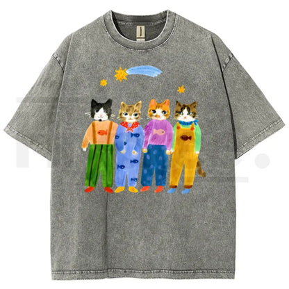 Retro "Cats In Overalls" Vintage Graphic T-Shirt – Hand-Painted Style 90s Streetwear