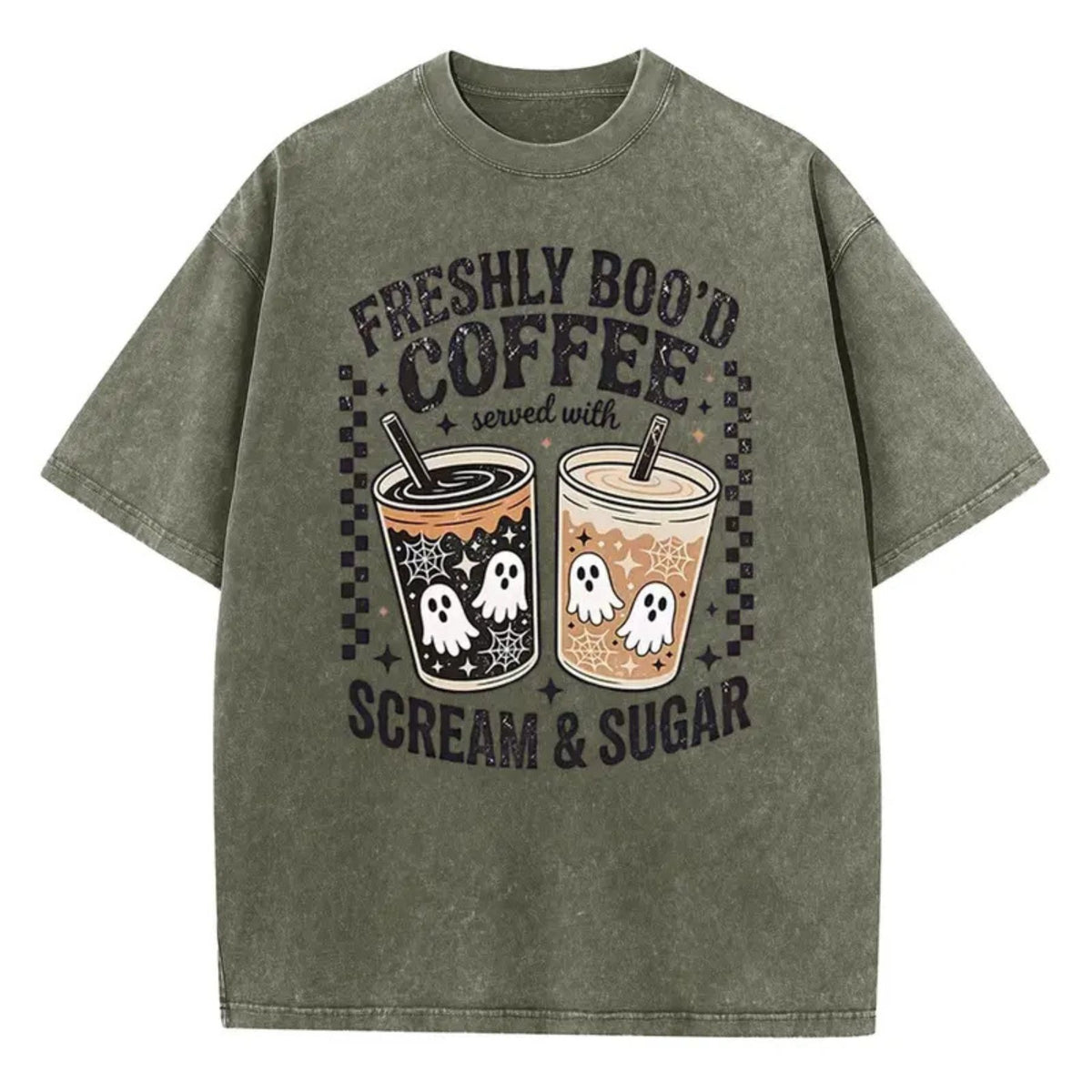 Holafish Funny Scream & Sugar Ghost Coffee T-Shirt – Retro Washed Oversized Fall Graphic Cotton Tee