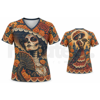 Lady's Mexican Día de los Muertos Skull La Catrina V-Neck Sports Top