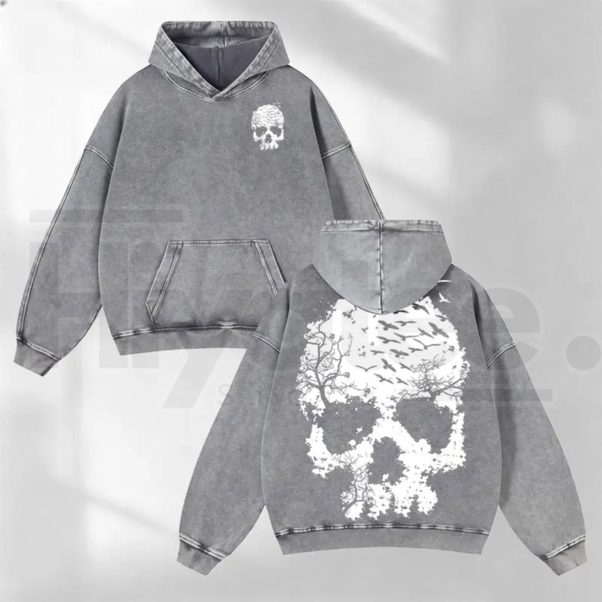 Vintage Washed Skull Print Hoodie – Distressed Skeleton Graphic, Minimal Dark Aesthetic Oversized Sweatshirt