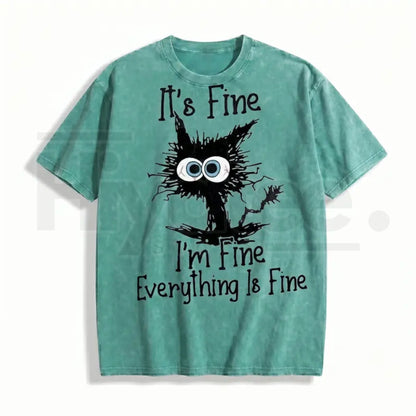 "It's Fine I'm Fine" Funny Cat T-Shirt – Premium Heavyweight Acid Wash Vintage Tee