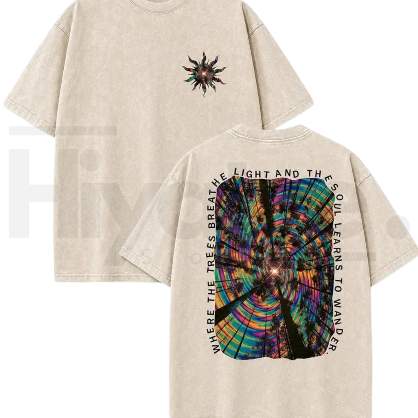 Vintage Acid Wash Trippy Forest Graphic Tee – Psychedelic Festival Y2K Oversized Cotton Shirt