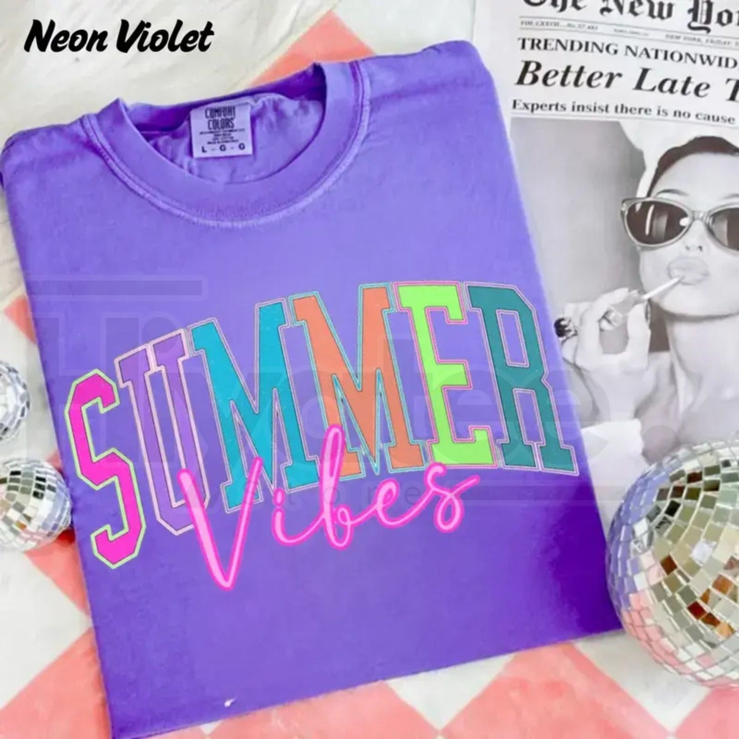 Summer Vibes Retro T-Shirt – Colorful Neon Beach Vacation Graphic Tee, Trendy Cute Gift for Her Casual Daily Outfit Top