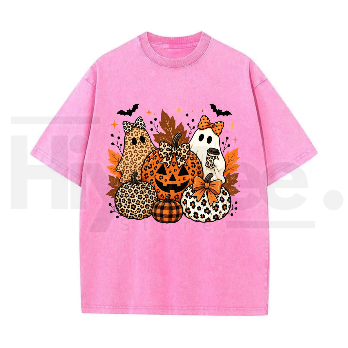 Leopard Bow Ghost Pumpkin Halloween Oversized T-Shirt – Vintage Washed Fall Graphic Tee for Women & Men