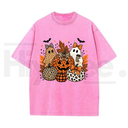 Leopard Bow Ghost Pumpkin Halloween Oversized T-Shirt – Vintage Washed Fall Graphic Tee for Women & Men