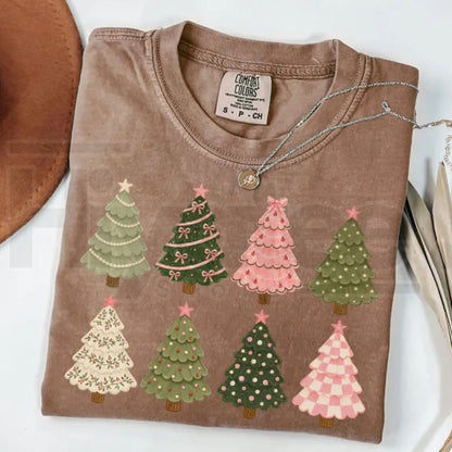 Comfort Colors Whimsical Christmas Trees Pink Holiday Tee