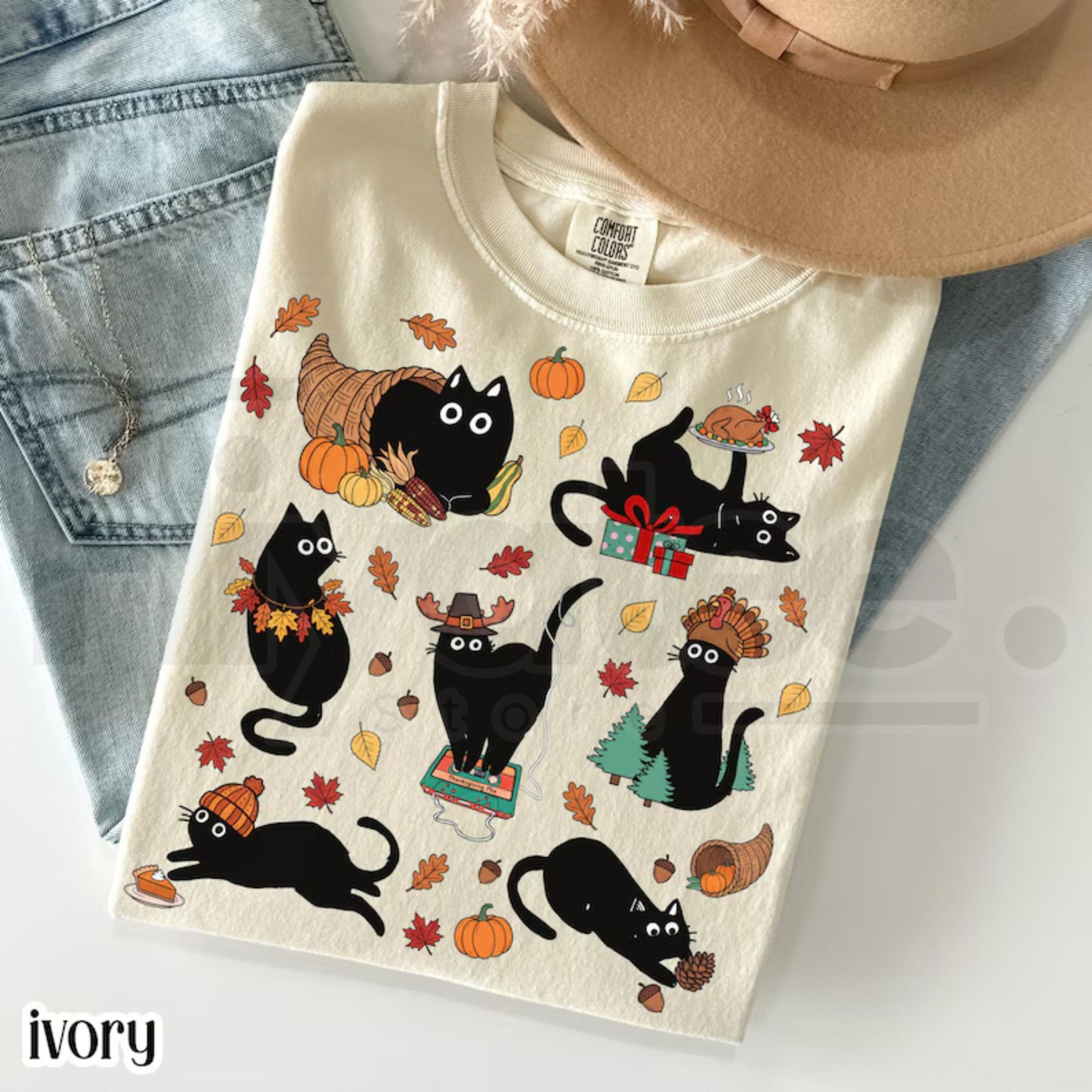Thanksgiving Cat Comfort Colors Shirt Retro Black Cat Cozy Season Tee