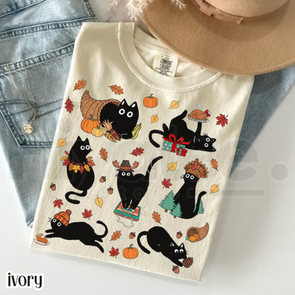 Thanksgiving Cat Comfort Colors Shirt Retro Black Cat Cozy Season Tee