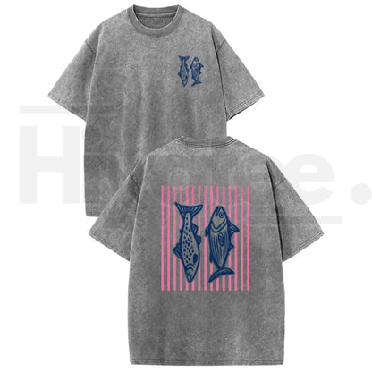 Holafish Pink Striped Fish Graphic T-Shirt – Premium Heavyweight Acid Wash Streetwear Tee