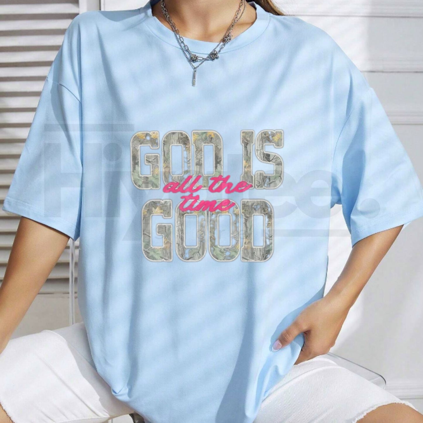 "God is Good" Camo – Asphalt Gray Faith-Based Graphic Top
