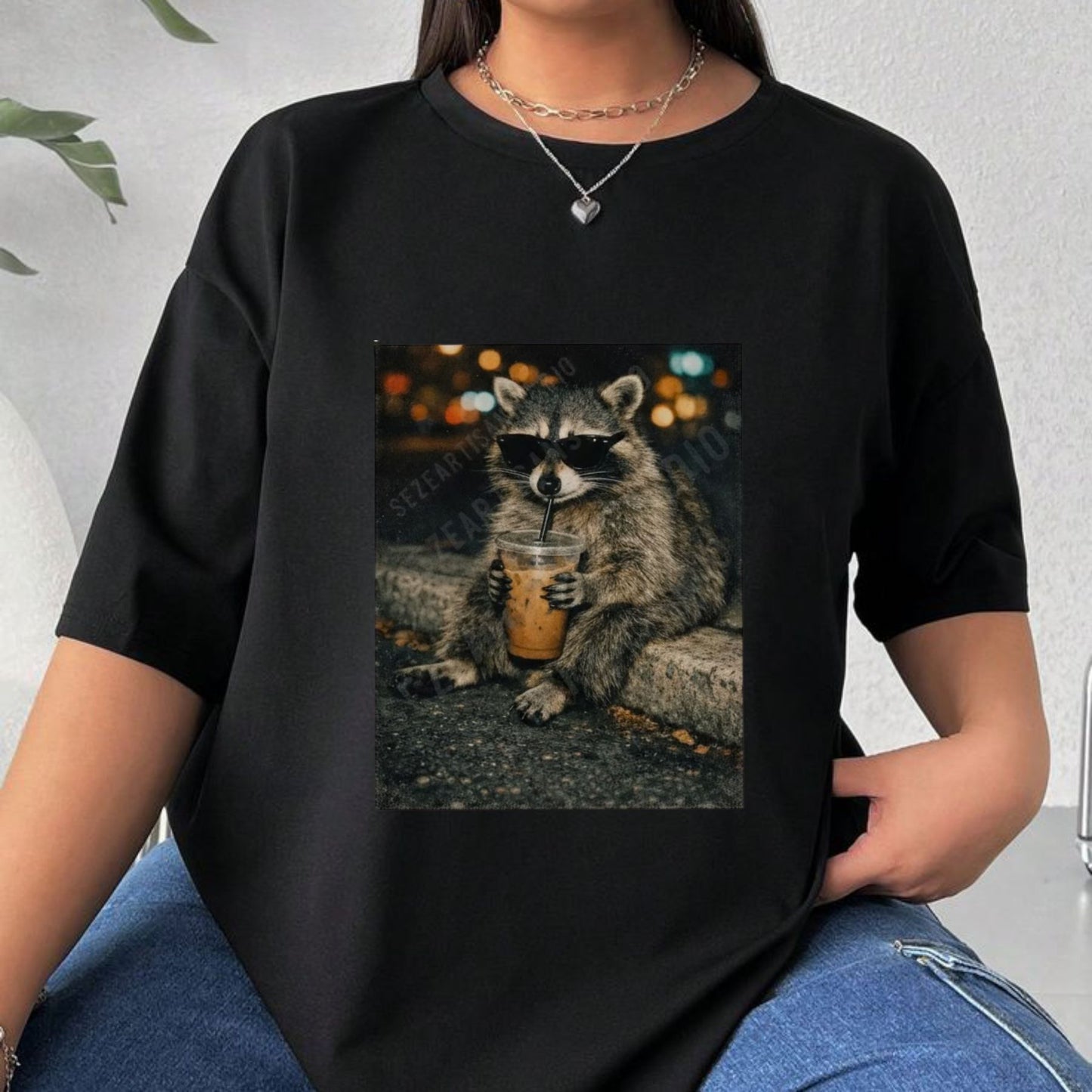Funny Raccoon Drinking Iced Coffee Shirt – Retro Garbage Pail Graphic Tee, Vintage Style Iced Coffee Lover Gift