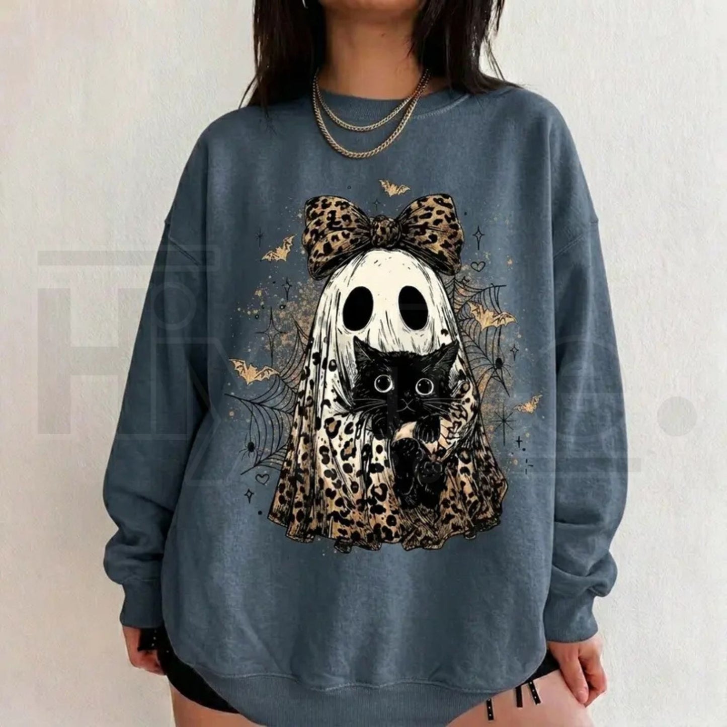 Leopard Ghost Cat Halloween Sweatshirt – Cute Spooky Black Cat Graphic Shirt, Coquette Bow Ghost Fall Outfit
