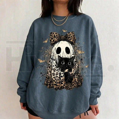 Leopard Ghost Cat Halloween Sweatshirt – Cute Spooky Black Cat Graphic Shirt, Coquette Bow Ghost Fall Outfit