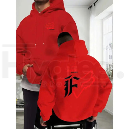 Men's Fleece Baggy Motorcycle Fox Print Hoodie – Dual-Sided Casual Long Sleeve Streetwear Pullover