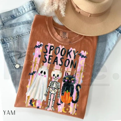 Preppy Spooky Season Shirt Coquette Skeleton Black Cat Ghost Halloween Tee