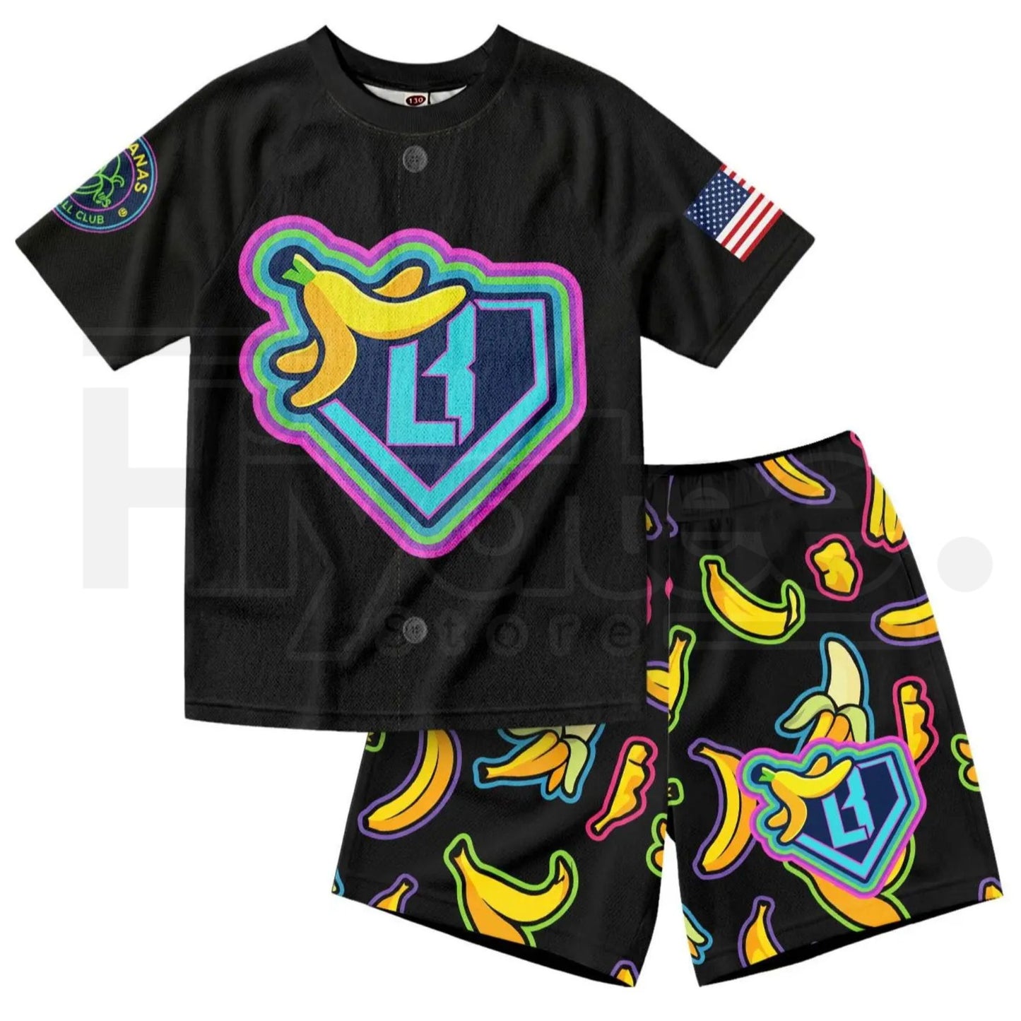 Dabbing Banana Retro American Flag Kids Baseball Jersey Set – Patriotic Athletic Mesh Outfit for Boys & Girls