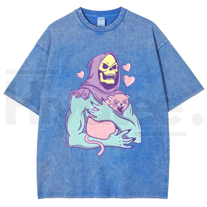 Urban Funny Skull Cat Unisex Graphic T-Shirt – 80s 90s Retro Streetwear Heavyweight Cotton Washed Tee