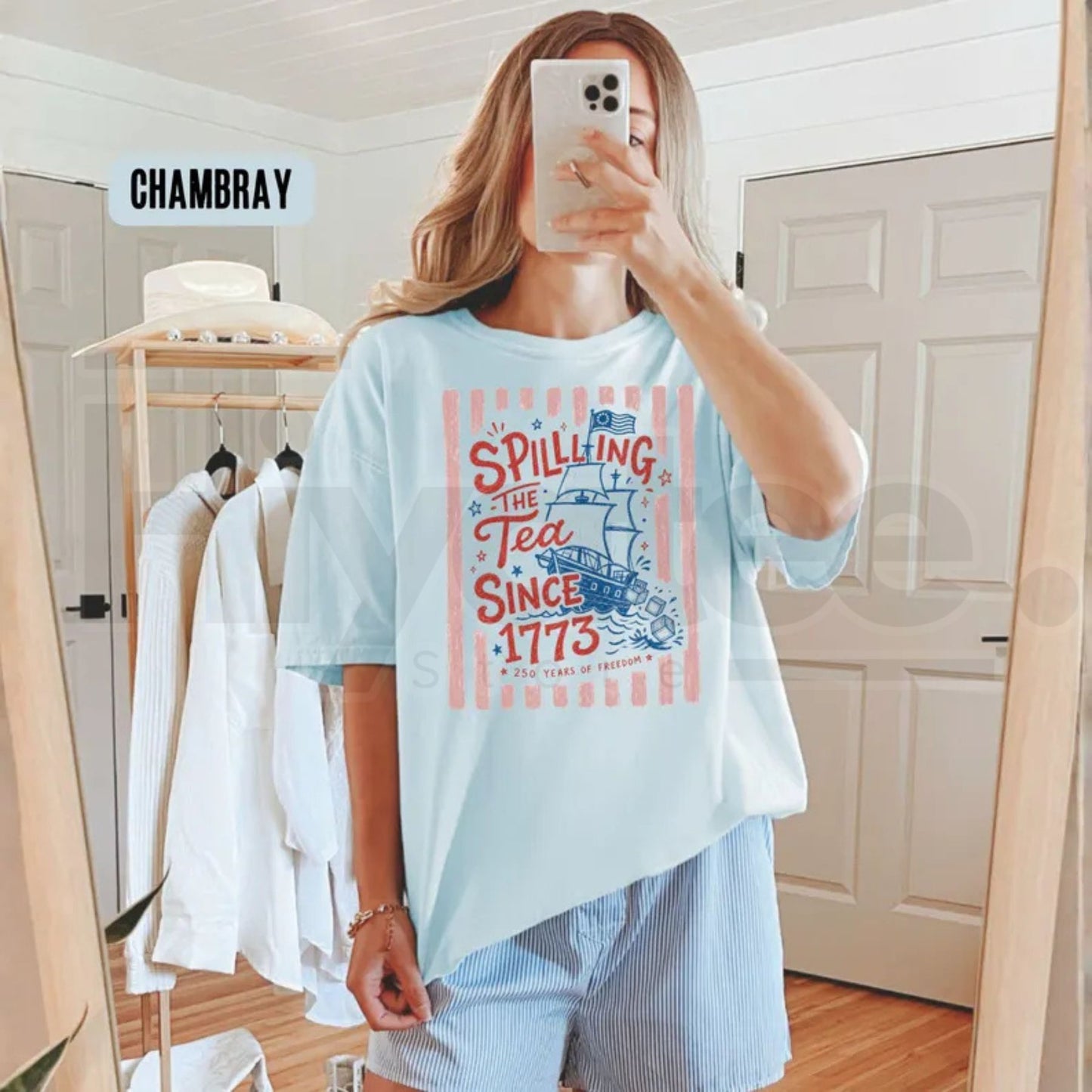 Striped Spilling The Tea Since 1773 Shirt – Funny 4th of July Tee, Preppy Patriotic USA Party T-Shirt, 250th Anniversary Merch