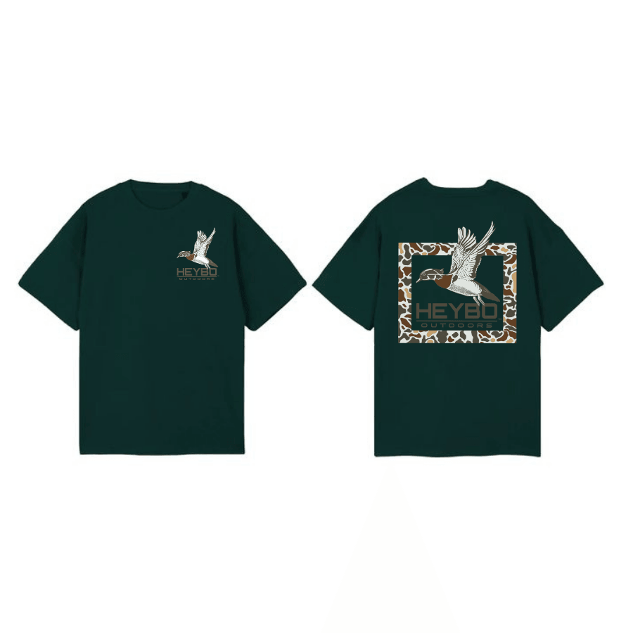 Heybo Outdoors T-Shirt - Featuring A Flying Duck And Camo Pattern Design , Casual Wear For Men And Women - Hiyatee