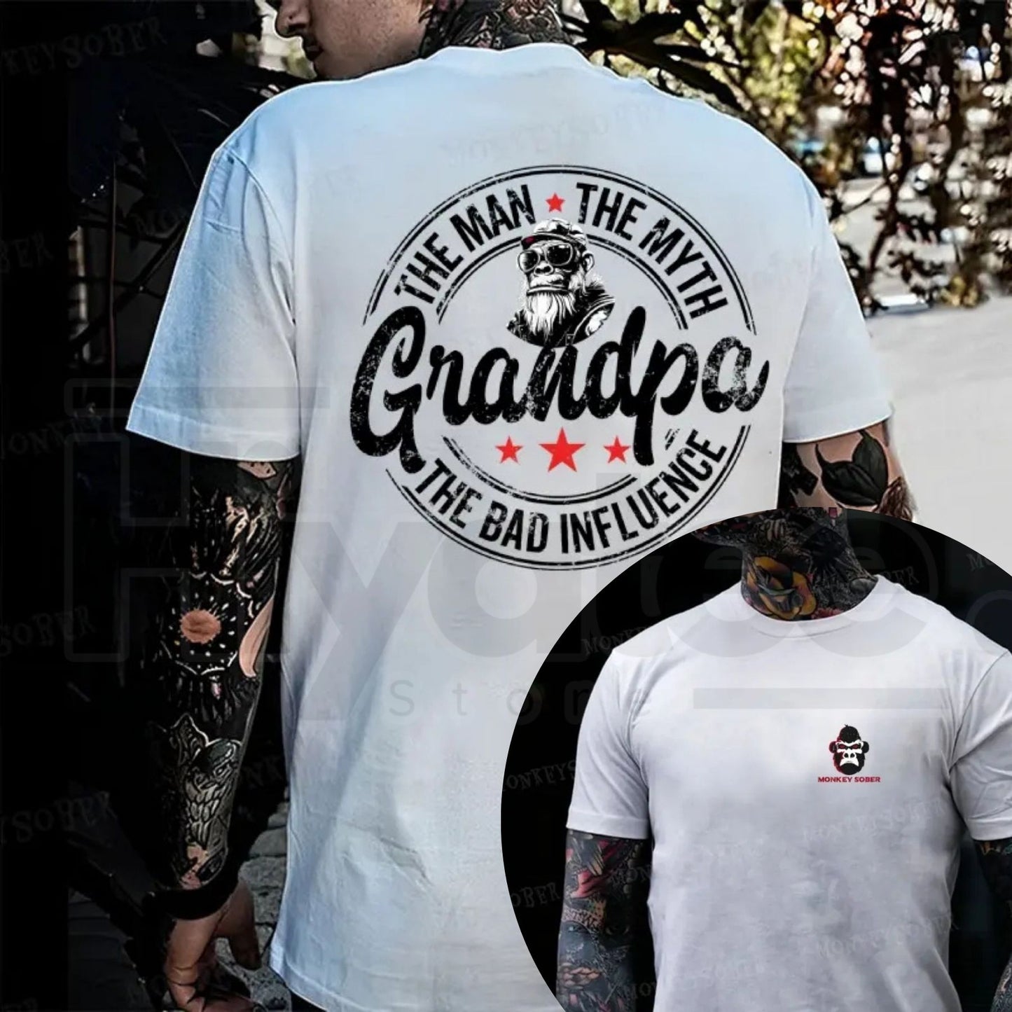 The Man The Myth Grandpa The Bad Influence T-Shirt – Funny Monkey Graphic Tee, Sarcastic Rock Style Shirt