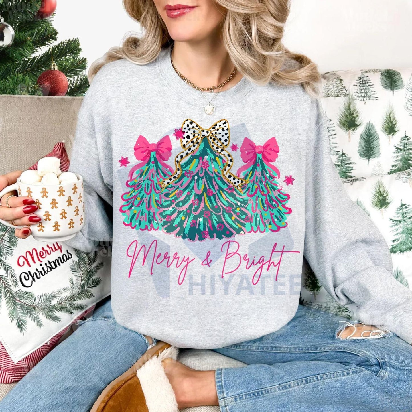 Merry & Bright Christmas Sweatshirt: Pink Xmas Tree Pullover with Festive Bow & Lights, Cute Jolly Mom Crewneck Apparel