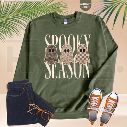 Spooky Season Sweatshirt – Leopard Ghost, Camo Ghost, Checkered Ghost Crewneck, Halloween Fall Gift