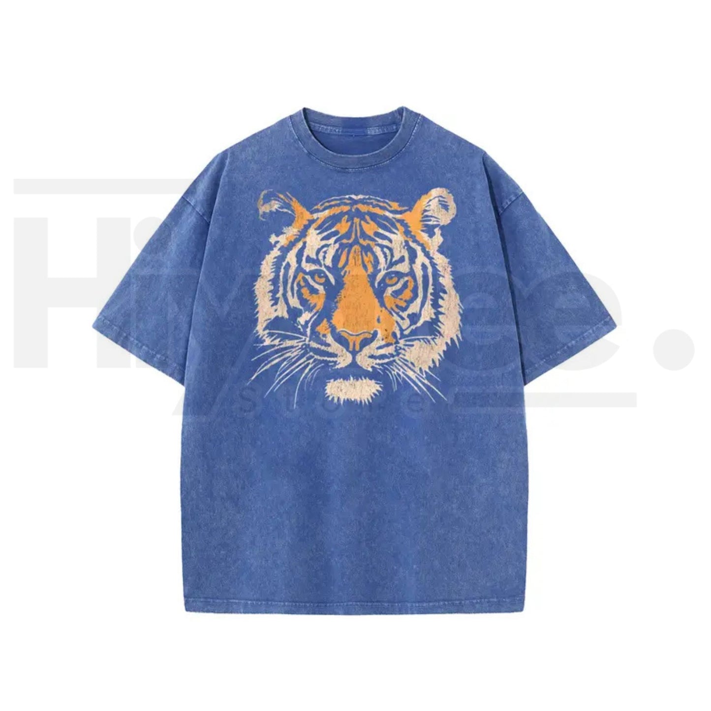 Holafish Unisex Vintage Tiger Graphic Short Sleeve T-Shirt – Acid Washed Heavyweight Cotton Oversized Streetwear Top