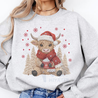 Cozy Season Holiday Sweatshirt: Trendy Christmas Trees, Reindeer, Highland Cow & Gingerbread Crochet Print Pullover