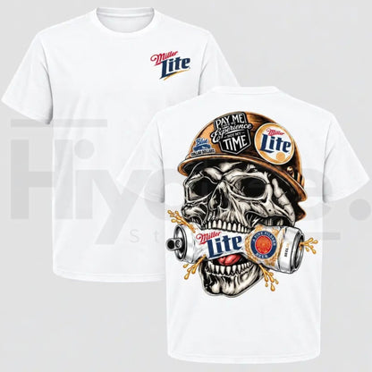 Men's Miller Lite Skull T-Shirt – Retro Blue Collar Workwear Beer Graphic Tee