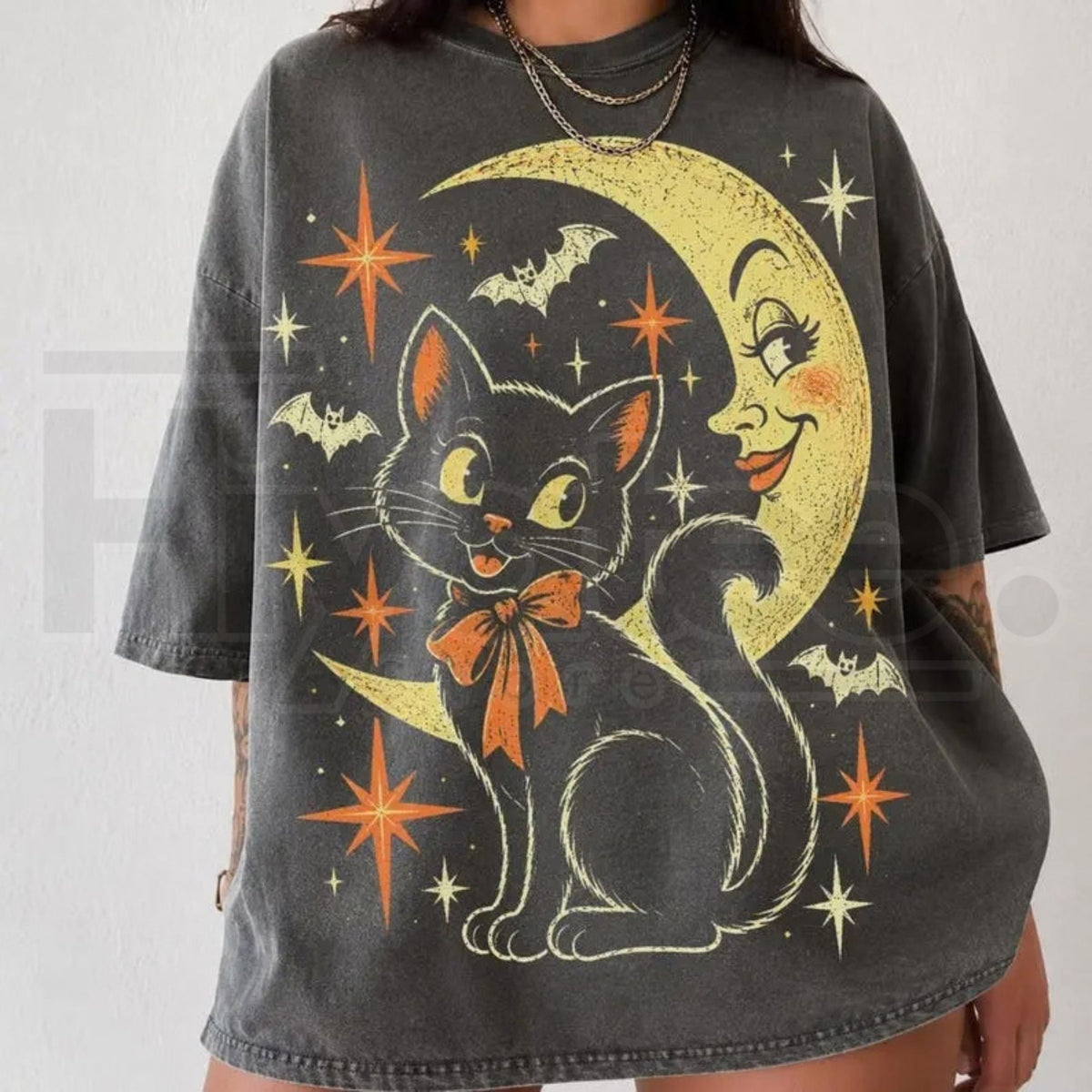 Vintage Black Cat Moon Halloween Tee