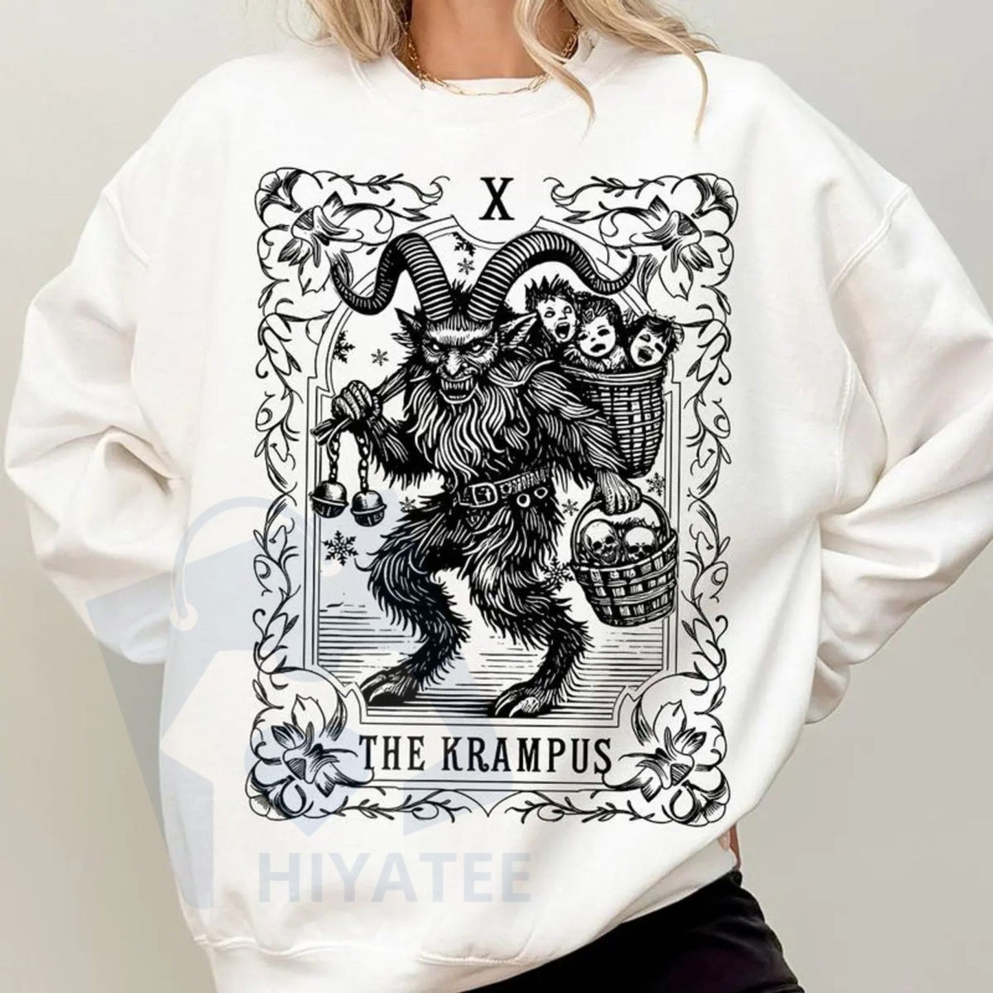 The Krampus Tarot Card Goth Christmas Sweatshirt: Scary Horror Spooky Xmas Krampus Shirt, Dark Xmas Humor Pullover Tee