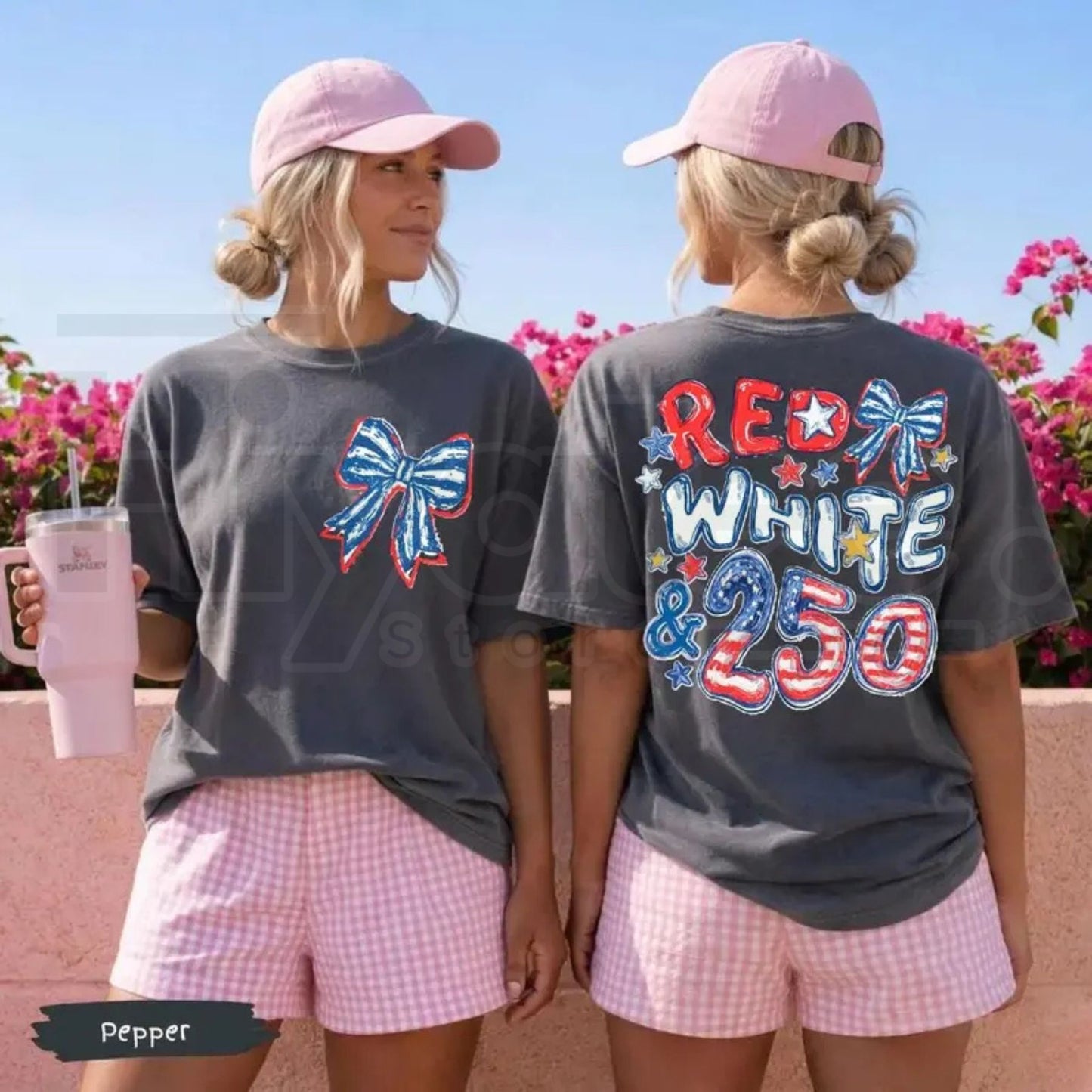 Comfort Colors Red White and 250 Shirt – America 250th Anniversary Patriotic Bow Front and Back Print Tee, 4th of July Outfit