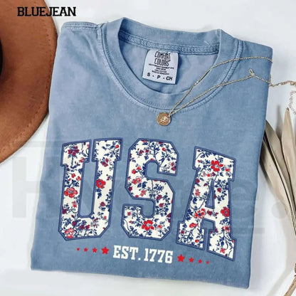Comfort Colors® Floral USA Shirt – Retro Botanical Patriotic Digital Print Tee