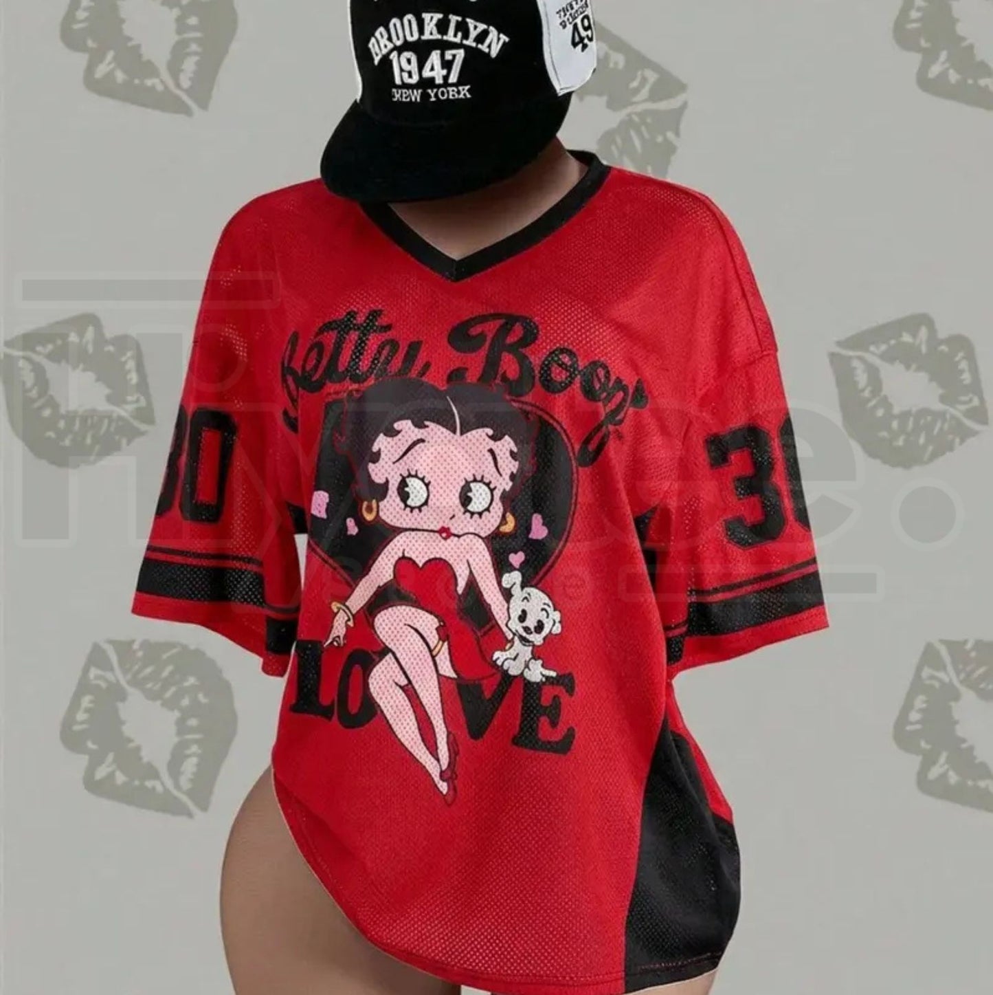 Streetwear Y2K Mesh Breathable American Vintage Doll Print V-Neck Short Sleeve T-Shirt