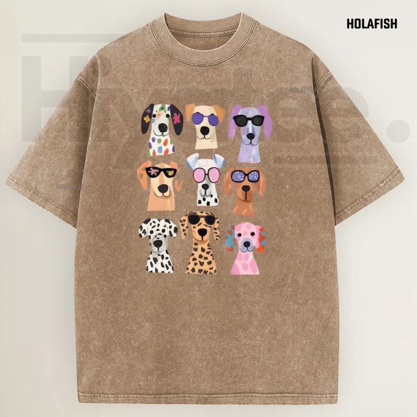Holafish Women's Vintage Acid Wash Funny Dog Graphic Tee – Soft Breathable Cotton Casual Summer Top
