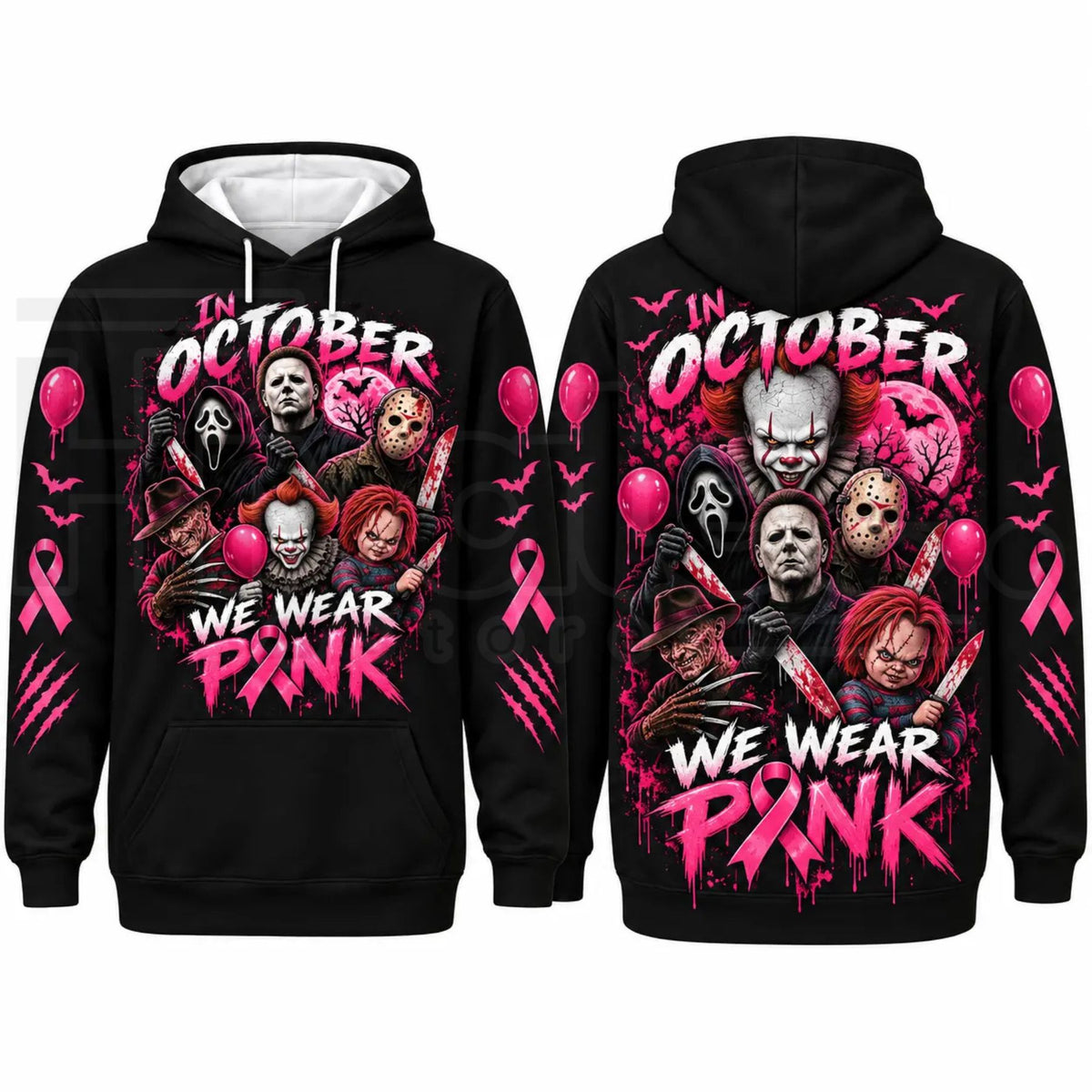 In October We Wear Pink Horror Hoodie – Spooky Movie Character Pink Ribbon Graphic Pullover, Breast Cancer Awareness Halloween