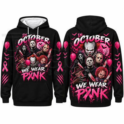 In October We Wear Pink Horror Hoodie – Spooky Movie Character Pink Ribbon Graphic Pullover, Breast Cancer Awareness Halloween