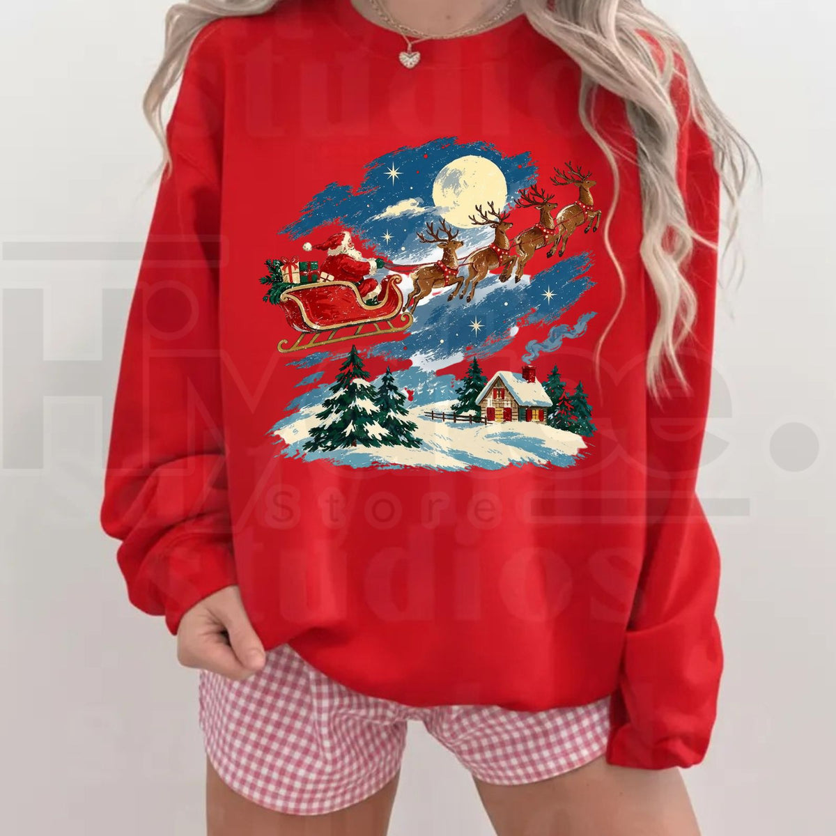 Vintage Santa Sleigh Reindeer Christmas Sweatshirt, Snowy Cottage Winter Holiday Pullover