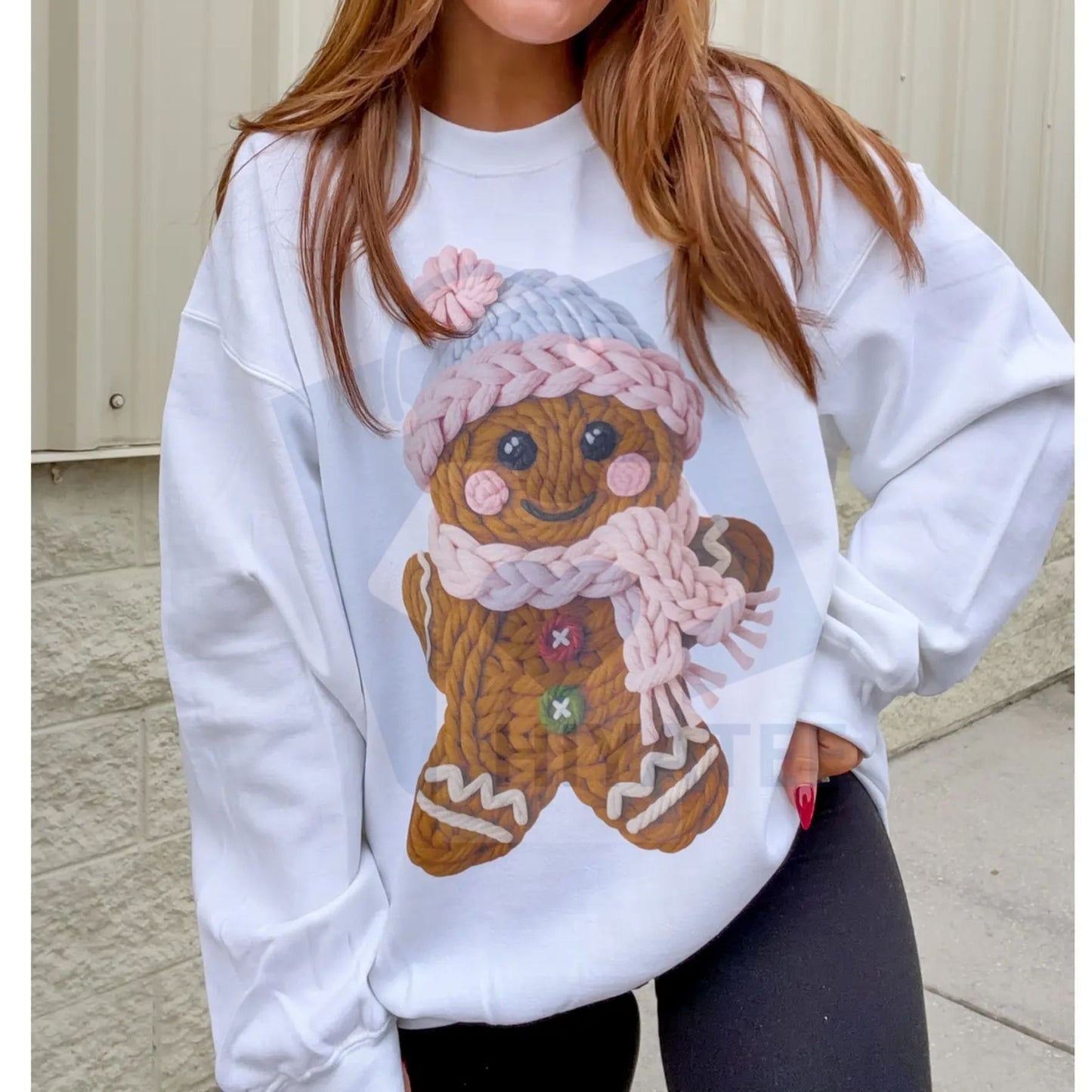 Cute Yarn Gingerbread Graphic Top: Faux Stitch Christmas Sweater, Cozy Holiday Crewneck Pullover, Unisex Festive Apparel