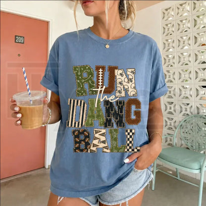 Patchwork Run The Dang Ball Shirt Leopard Football Mom Retro Game Day Tee
